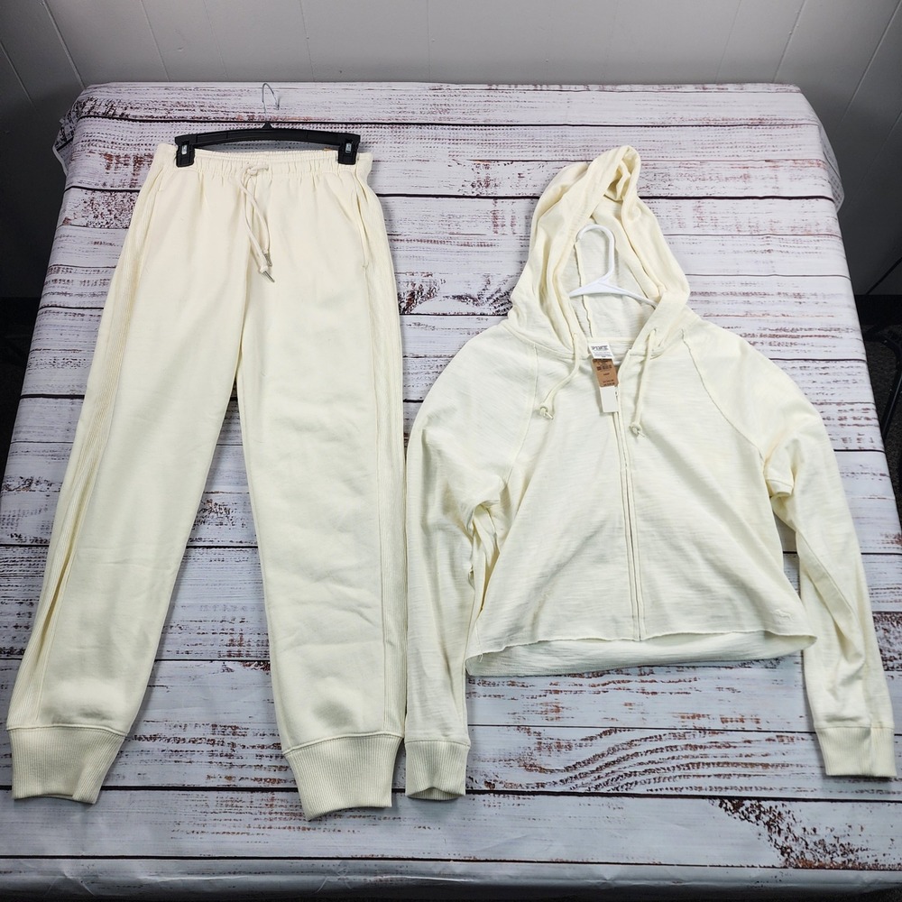 NWT PINK Victoria's Secret 2pc Set XS Cream Cropped Zip Hoodie & Joggers Outfit